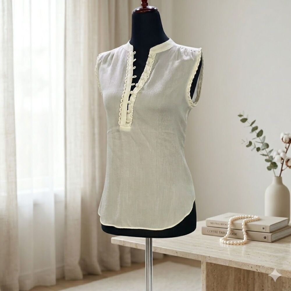 Ann Taylor Sheer Sleeveless Blouse Petite XS Ivory Lace Trim Ruffle Neck Top